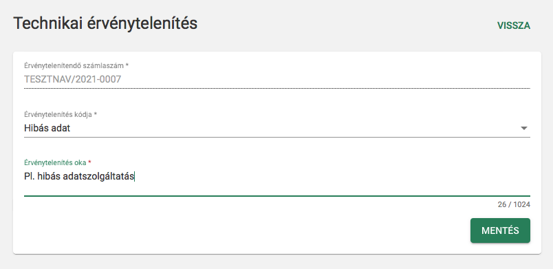 NAV Online Számla technikai érvénytelenítés