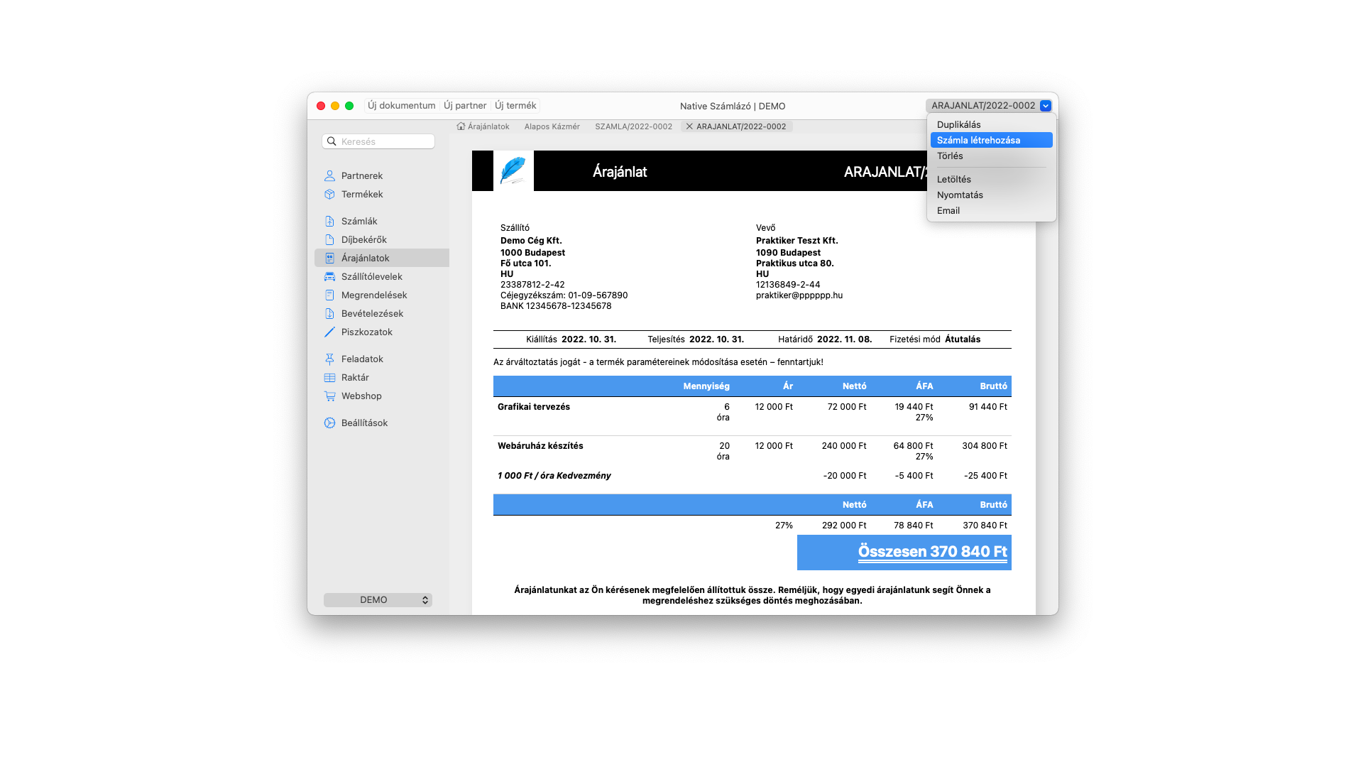 Árajánlat műveletek (macOS)