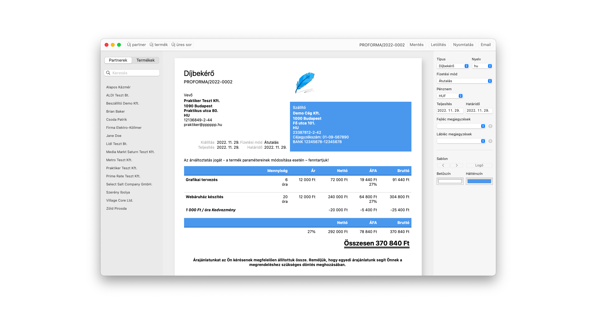 Árajánlat szerkesztés (macOS)