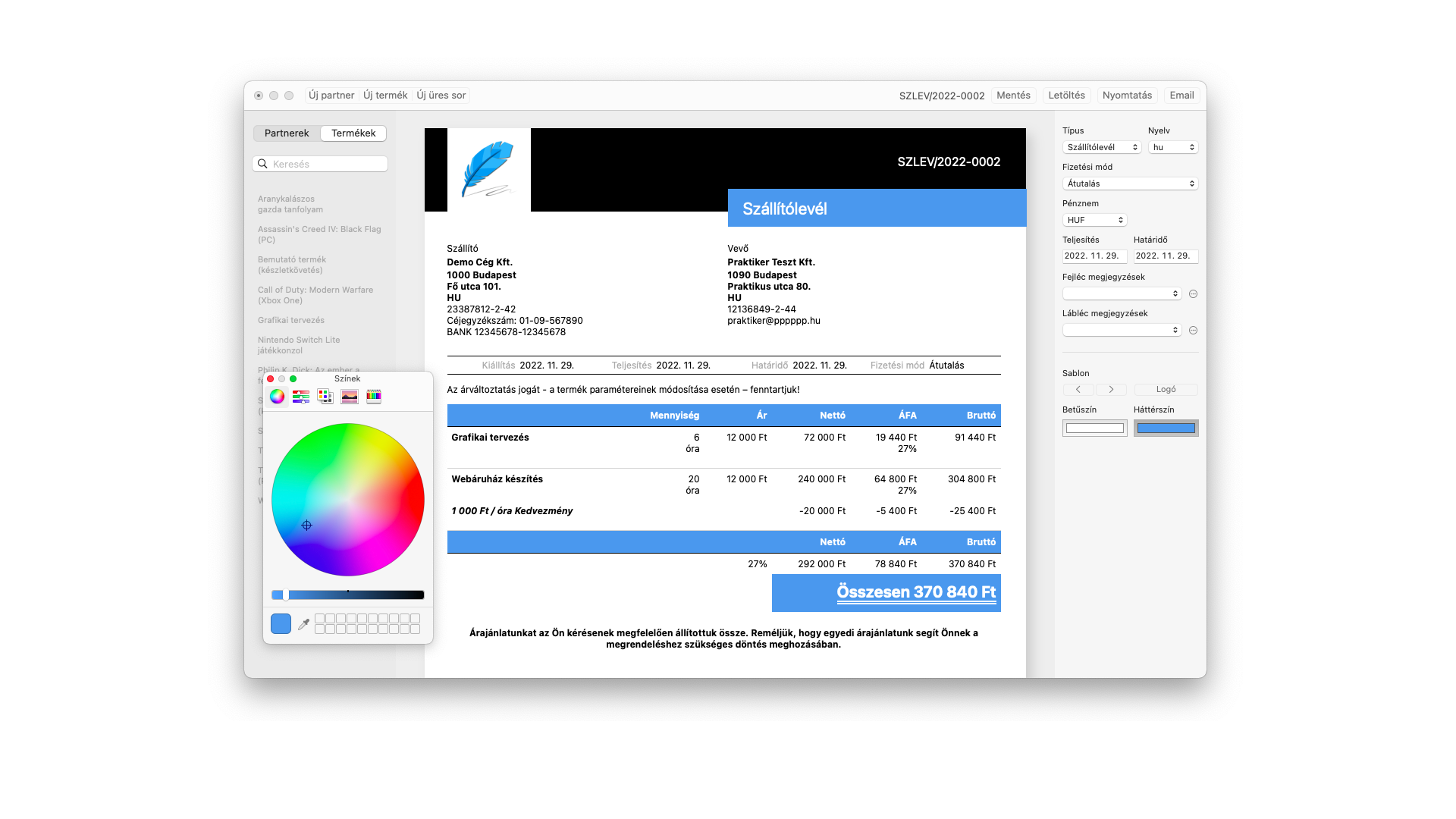 Szállítólevél sablon színek (macOS)