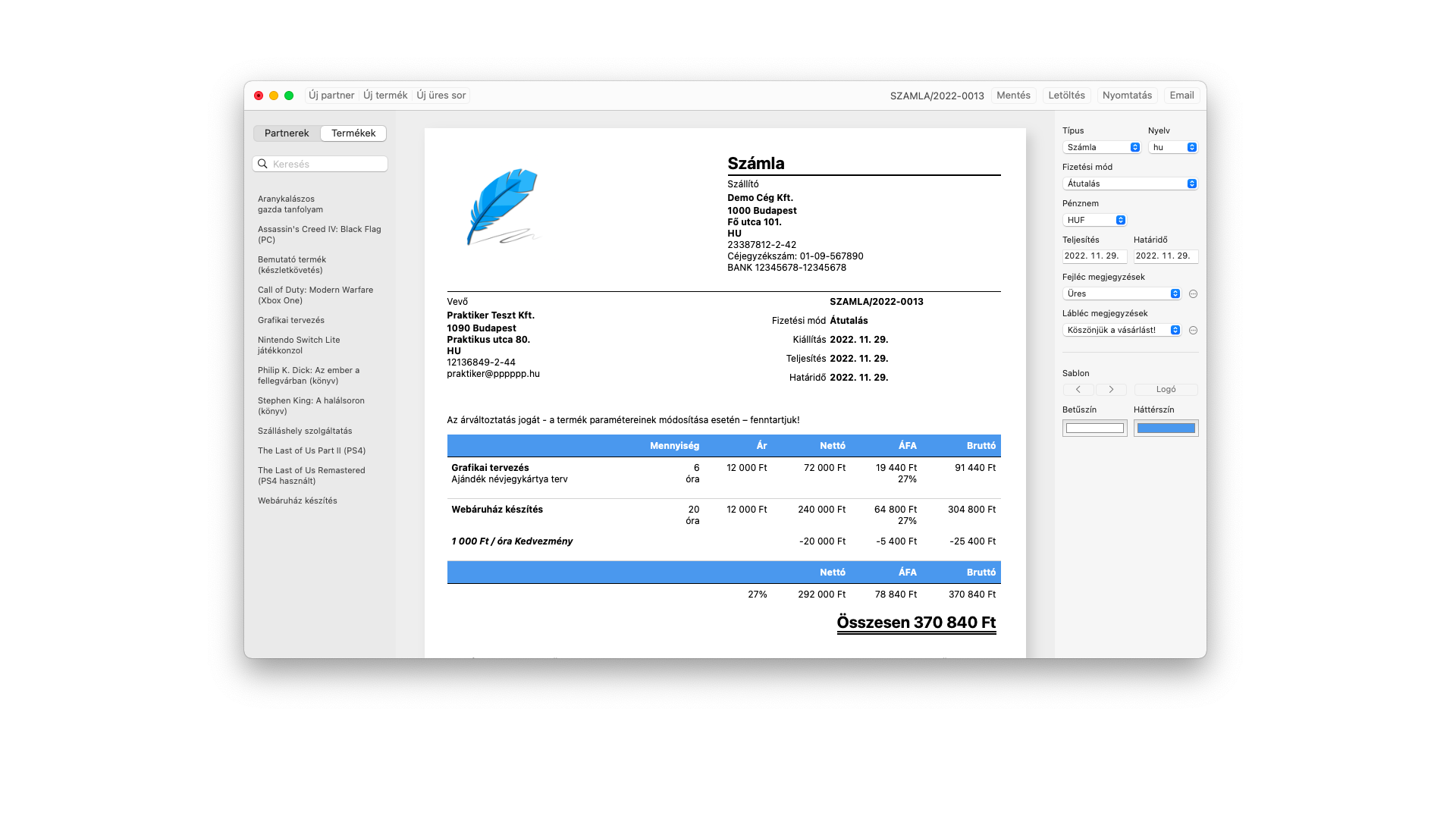 Számla szerkesztése (macOS)