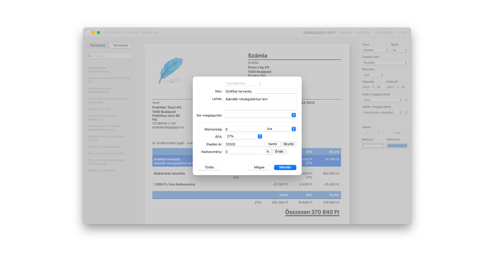 Számlasor szerkesztése (macOS)