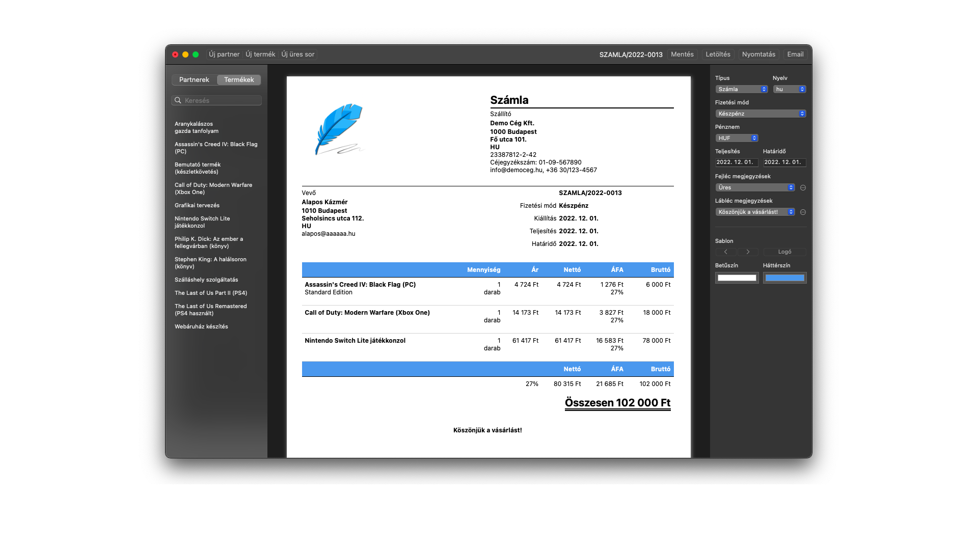 Számla szerkesztése - sötét mód (macOS)