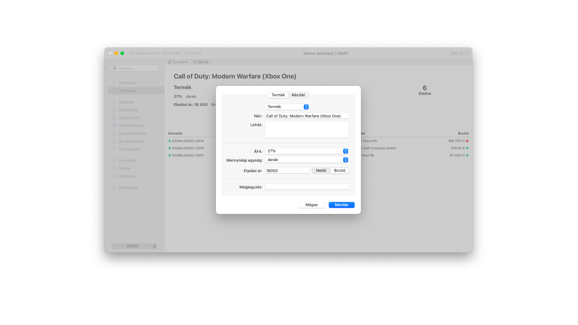 Termék adatlap (macOS)