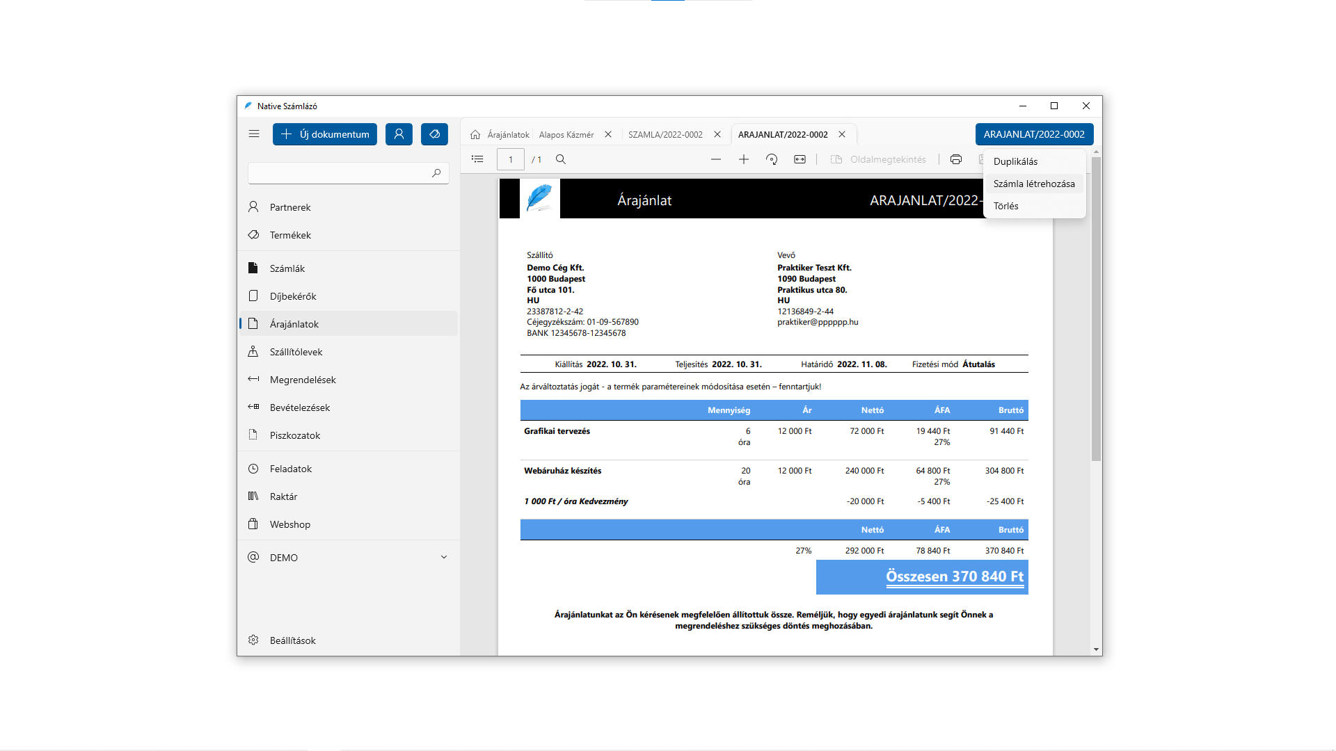 Árajánlat műveletek (Windows)
