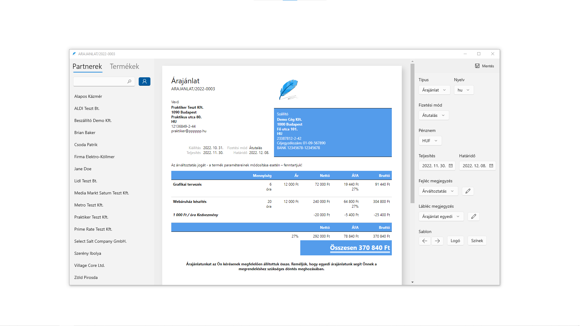 Árajánlat szerkesztés (Windows)