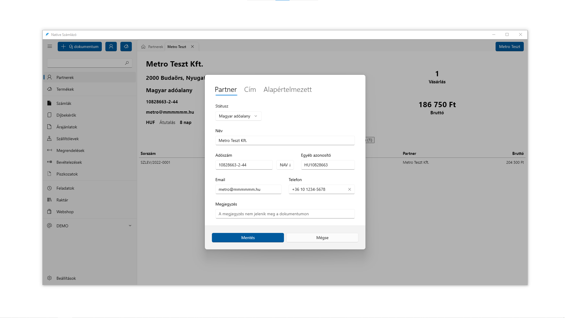 Partner adatlap (Windows)