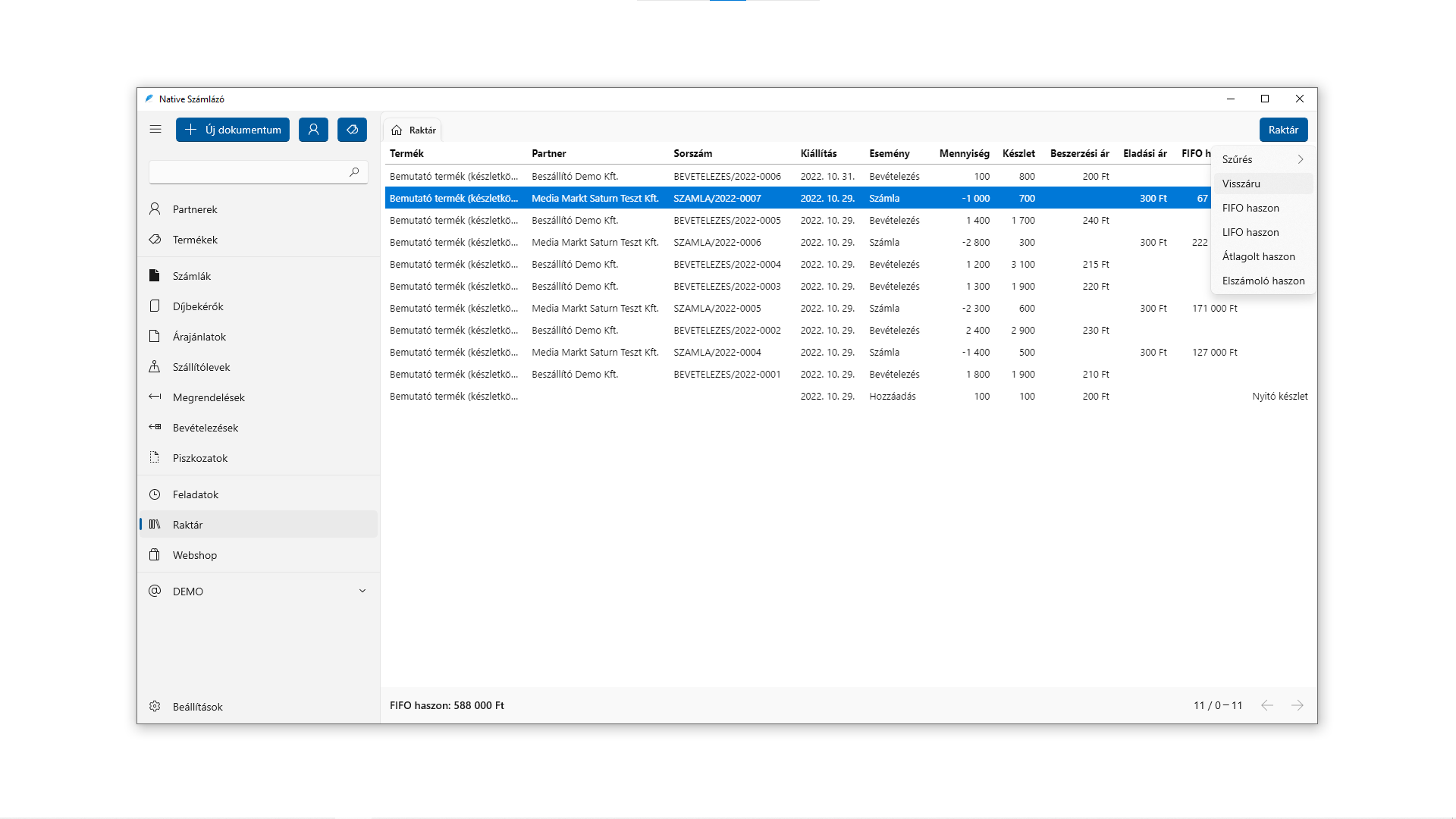 Raktár műveletek (Windows)