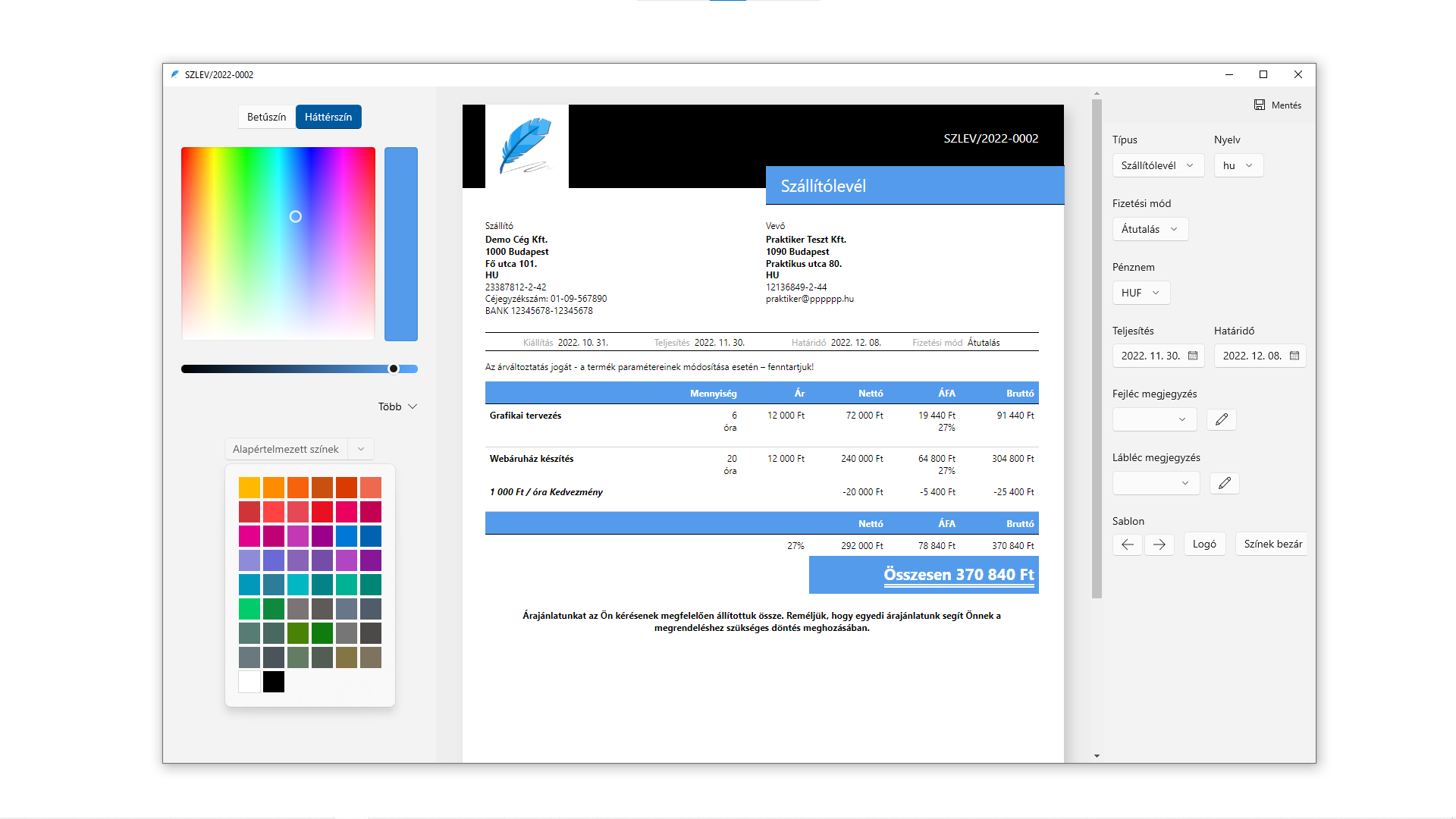 Szállítólevél sablon színek (Windows)