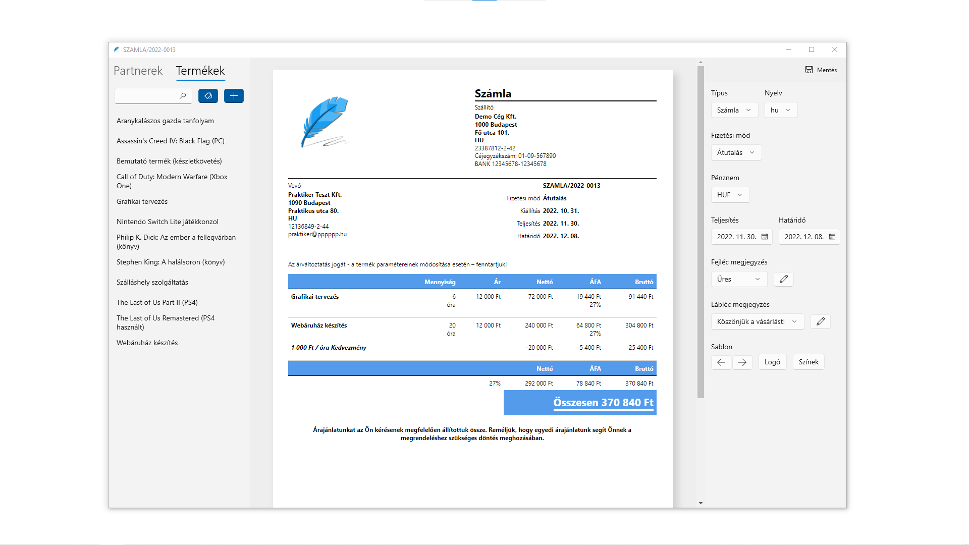 Számla szerkesztése (Windows)