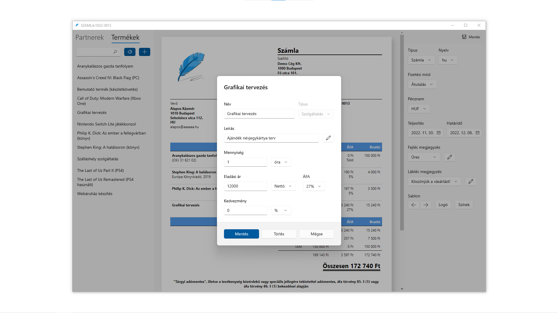 Számlasor szerkesztése (Windows)