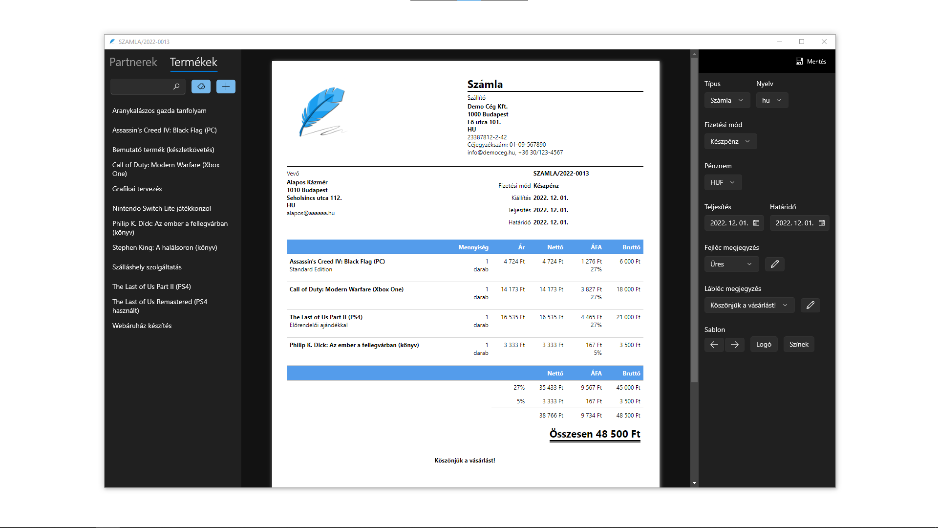 Számla szerkesztése - sötét mód (Windows)